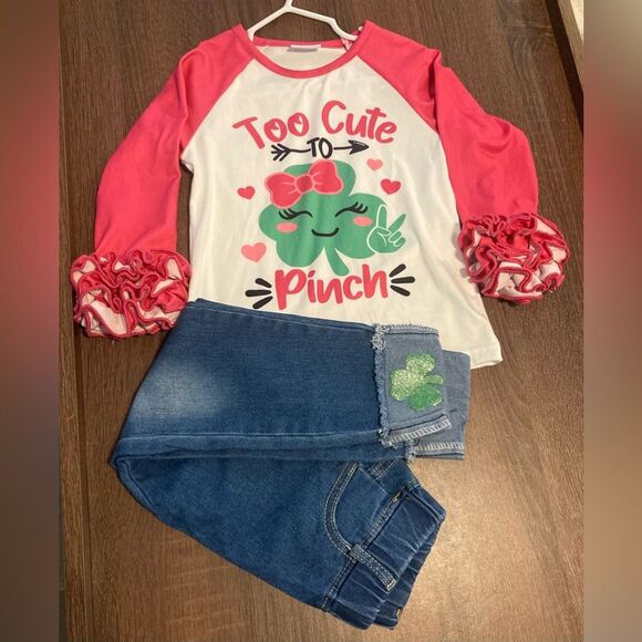 Girl's Toddler St. Patrick's day outfit, Clover Ruffled Shirt & Denim Leggings - Picture 3 of 6